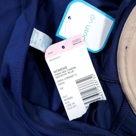 Tropical Escape Halter Tankini Swim Top Retro Push Up Bra Blue Polka Dot Size 14 - Picture 6 of 6